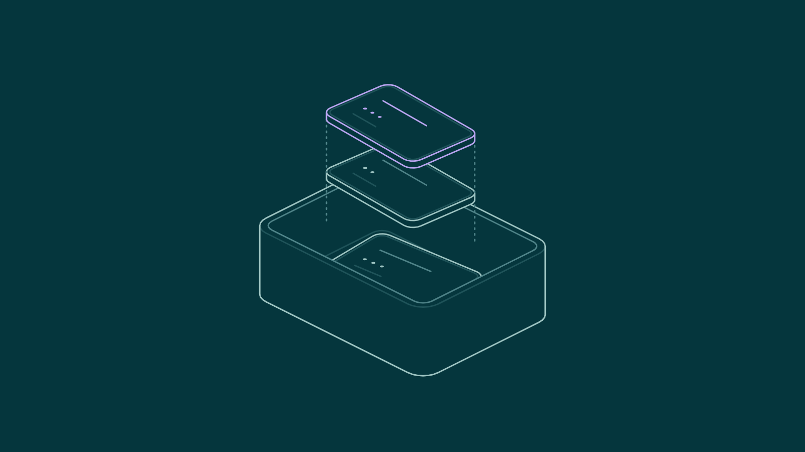 Line drawing of an open box with three package cards stacking down into it.